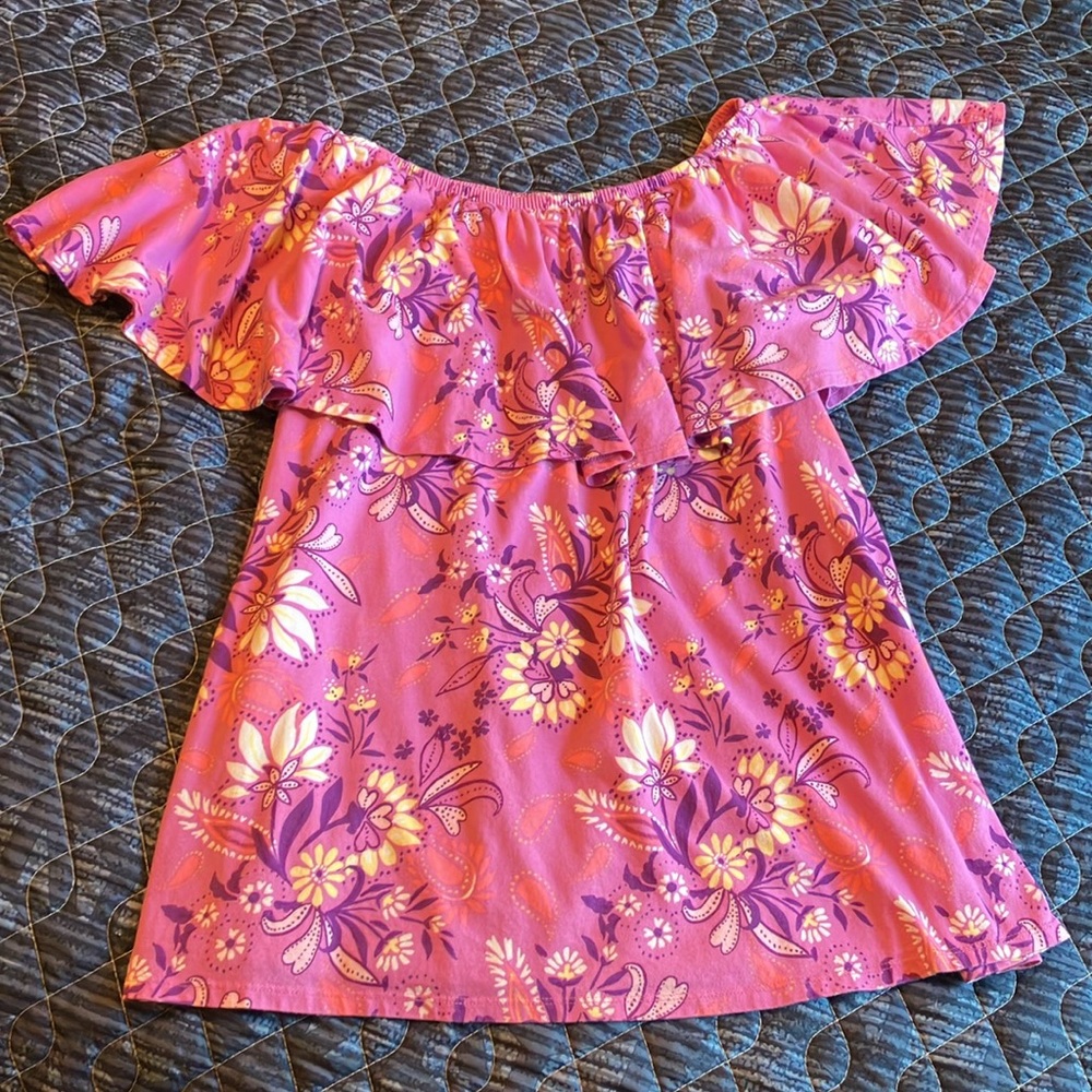 Pretty pink print knit top with ruffle sleeves by Woman Within, size 18, NWOT!